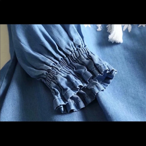 Embroidered Denim Chambray Shirt Blue Boho - Picture 4 of 4